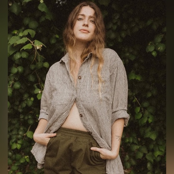 esby Tops - Esby Apparel Lenny Workshirt Shaket in Coffee Stripe Size Large